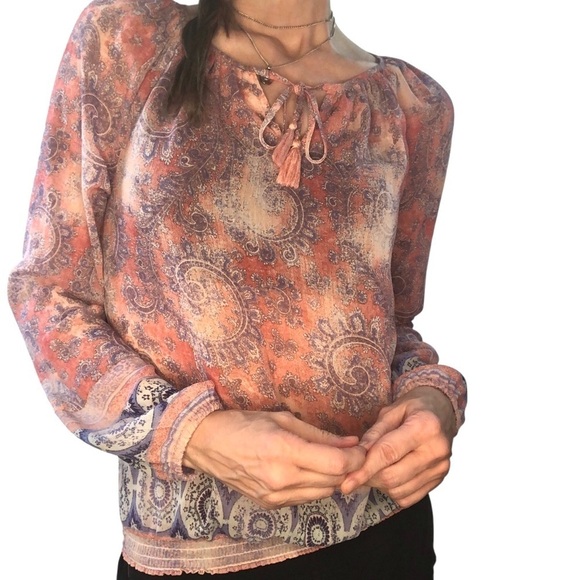 Lucky Brand Blouse Top Women’s XS Boho 70’s Aesthetic Paisley Colorful Peasant - Picture 1 of 7